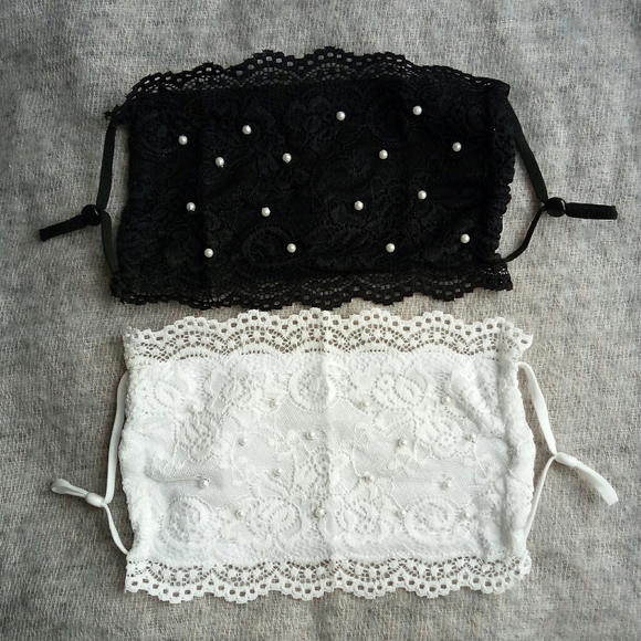 Set 2 lace party face mask adjustable black white - Picture 2 of 8